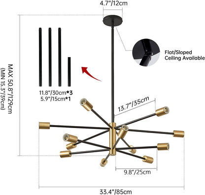 12-Light Gold and Black Farmhouse Sputnik Chandelier