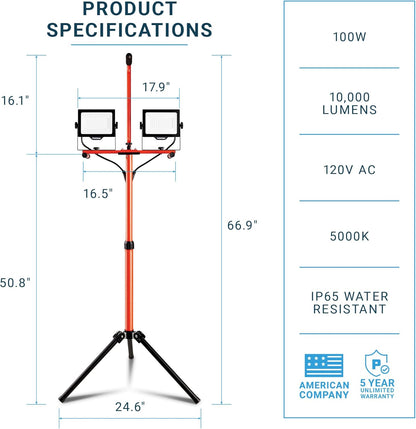 LED Dual-Head Work Light with Telescoping Tripod Stand Up to 6 Ft Tall