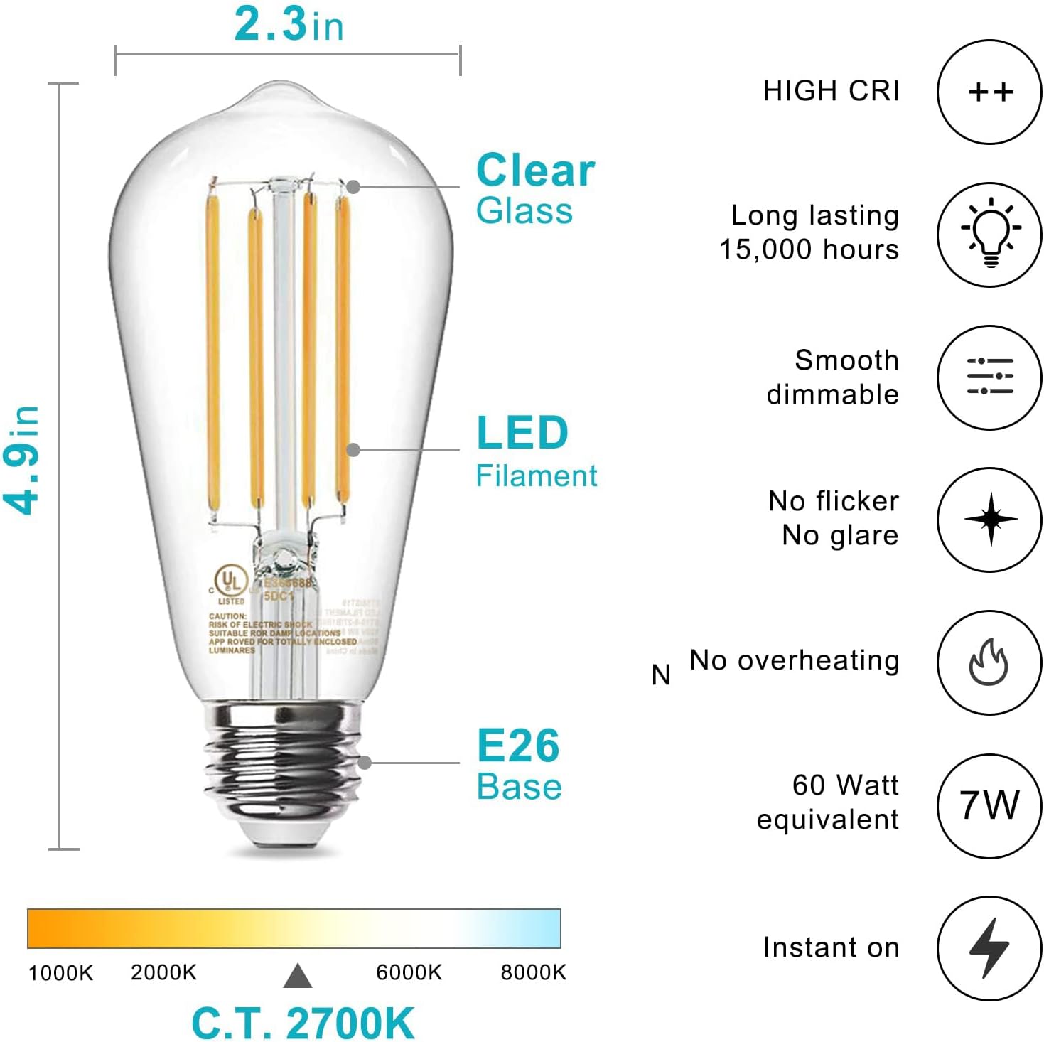 12 Pack Vintage 8W ST58 LED Edison Light Bulbs 60W Equivalent