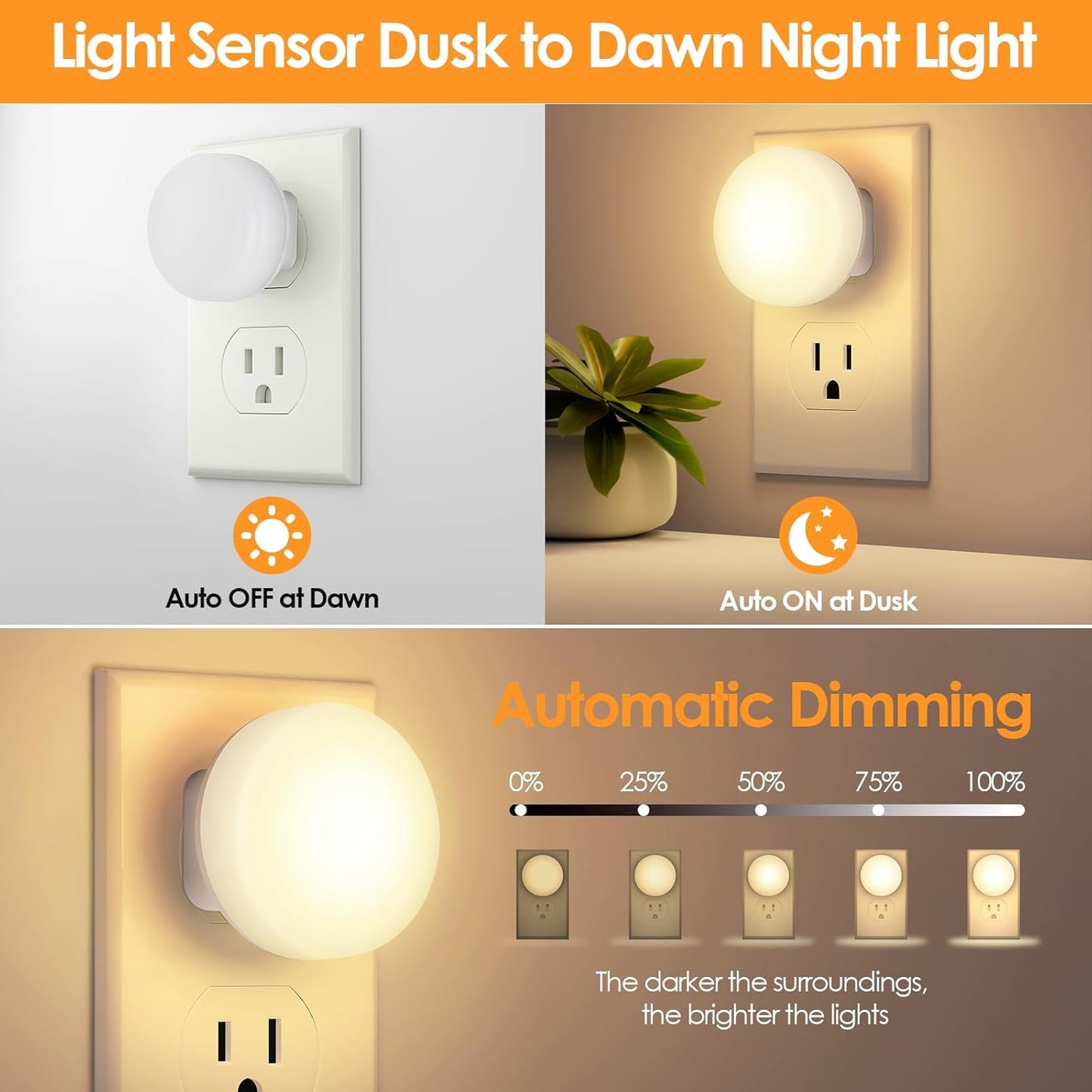 LED Night Lights Plug into Wall 5-Pack with Light Sensors