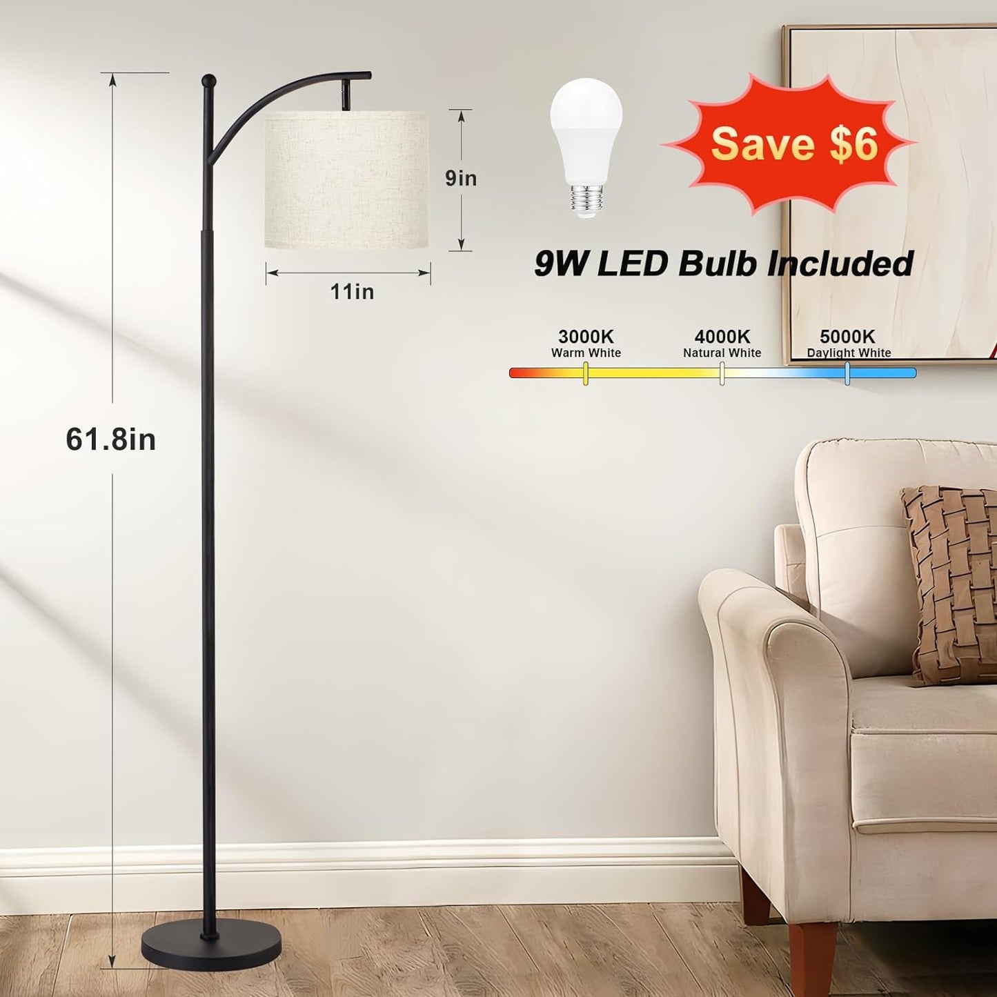 Ambimall Floor Lamp for Living Room with 3 Color Temperatures LED Bulb, Beige Lampshade & Foot Switch Included, Easy to Install, 9W Bulb Included