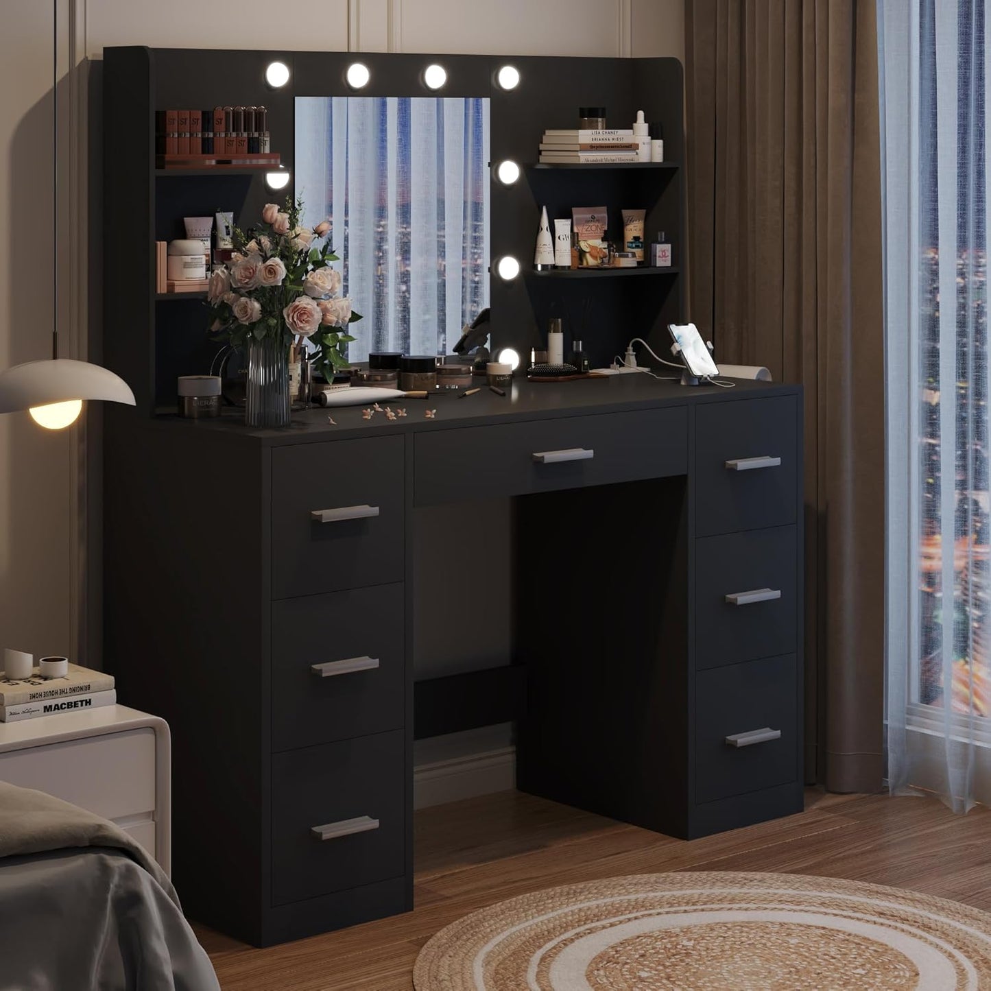 Vanity Desk with Mirror, Power Outlet and 10 Lights, Pure Black