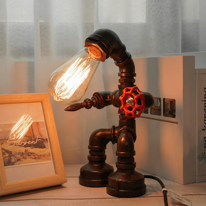 Industrial Antique Iron Metal Robot Pipe Desk Table Lamp