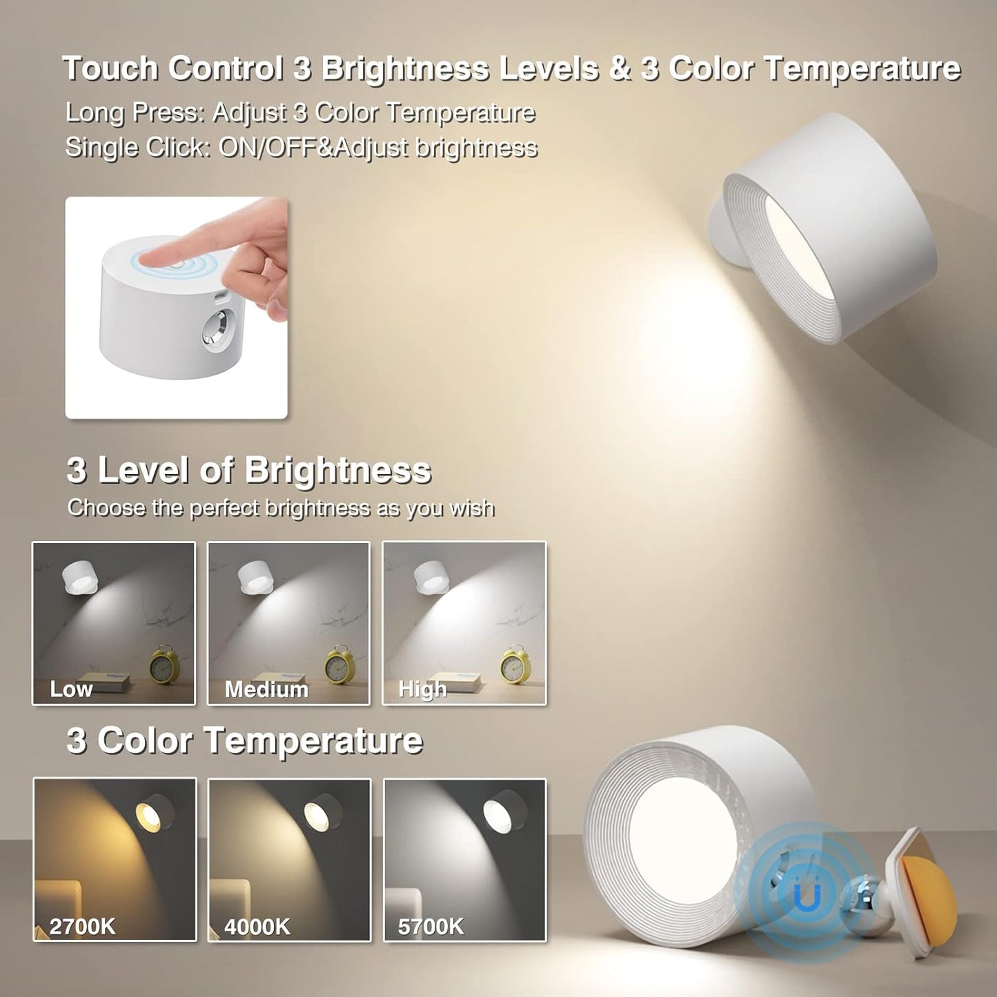 360° Rotatable LED Wall Sconce with Rechargeable Battery