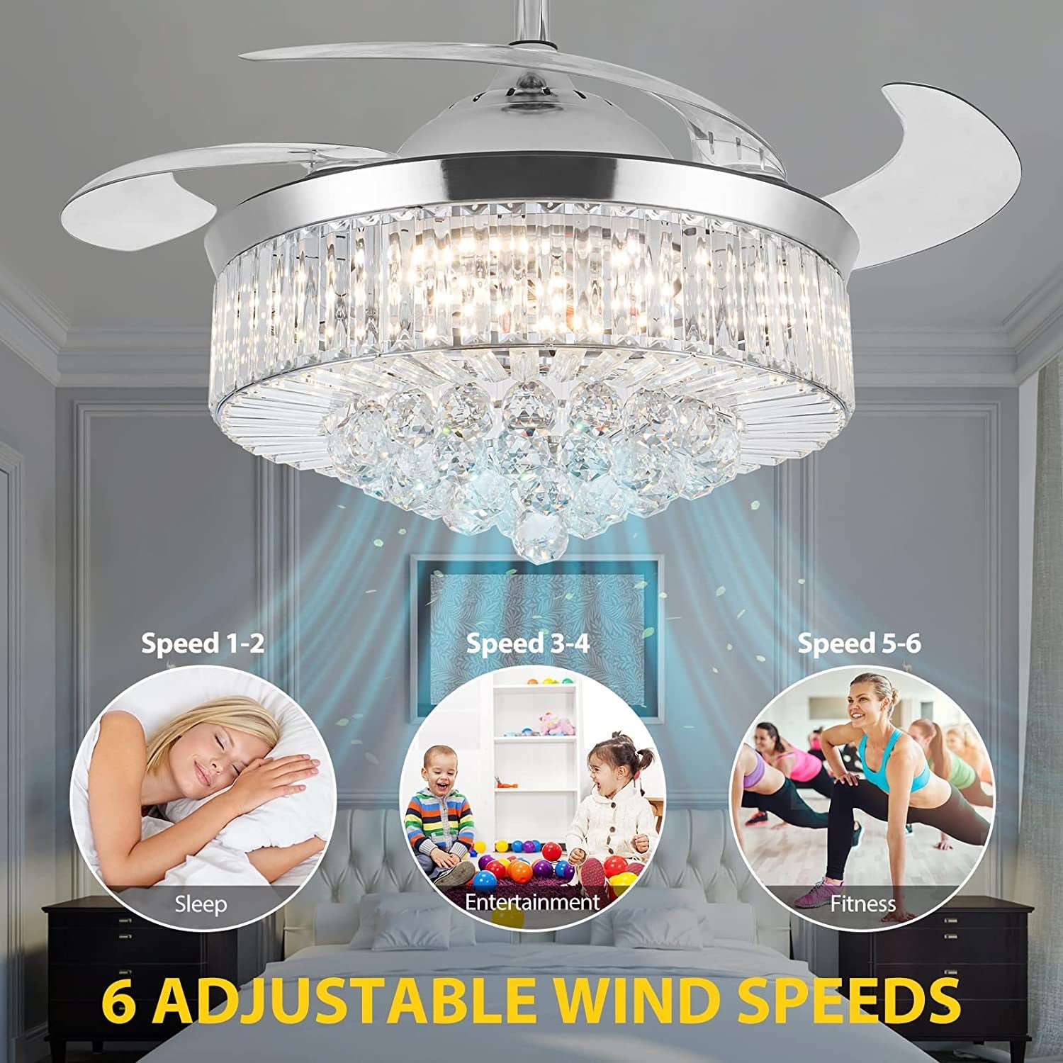 36 Inch Crystal Ceiling Fans with Lights, Modern Dimmable Fandelier LED Remote Control Retractable Invisible Blades Indoor Reversible Ceiling Light Kits with Fans for Decorate Living Room Bedroom