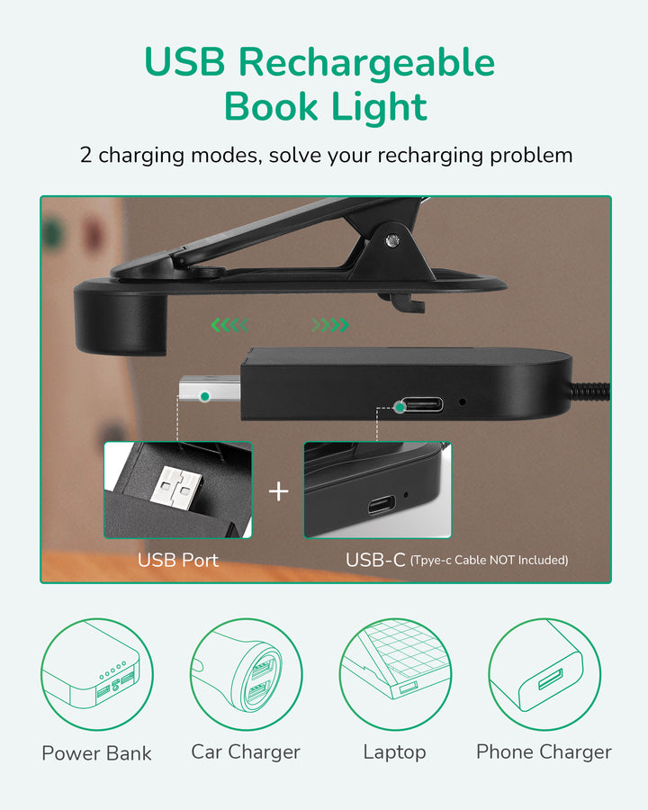 USB Rechargeable Dimmable Book Light, 3 Color Modes, 2 Charging Modes-HBRL11B1