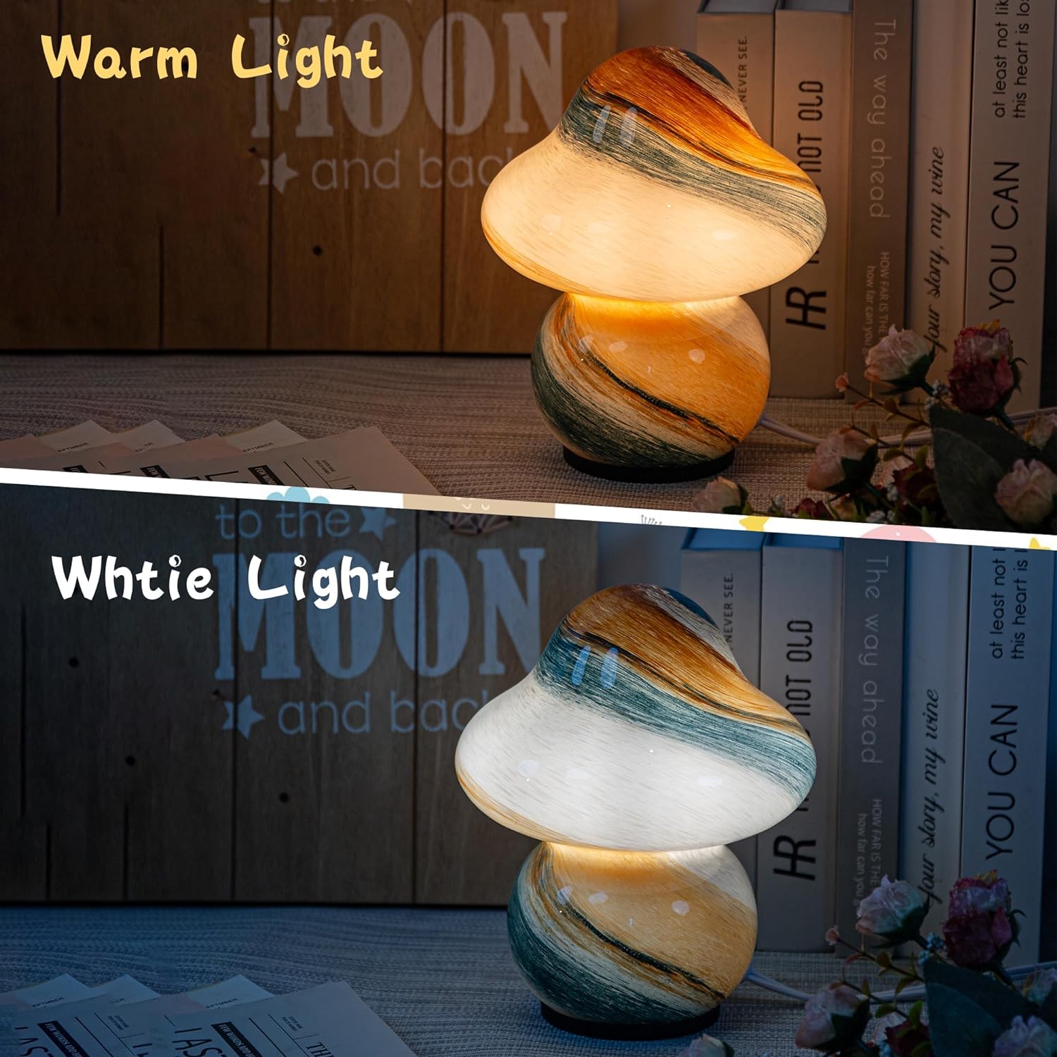 Coosa Mushroom Lamp, Stepless Dimmable Glass Bedside Table Lamp, Night Lamps, Cute Small Nightstand Desk lamp for Home Decor, Study, Living, Bedroom, Gift. (Bulb Included) the luminous decor