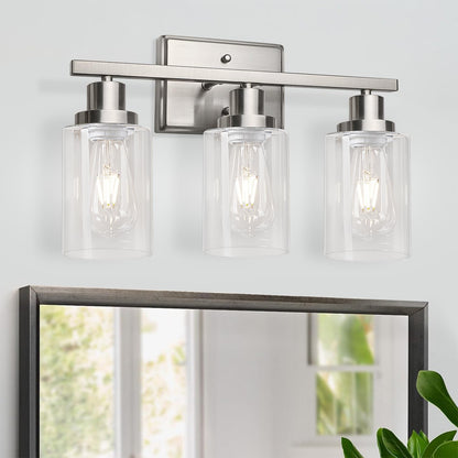 3 Light Wall Sconces Lighting with Clear Glass Shade, Brushed Nickel