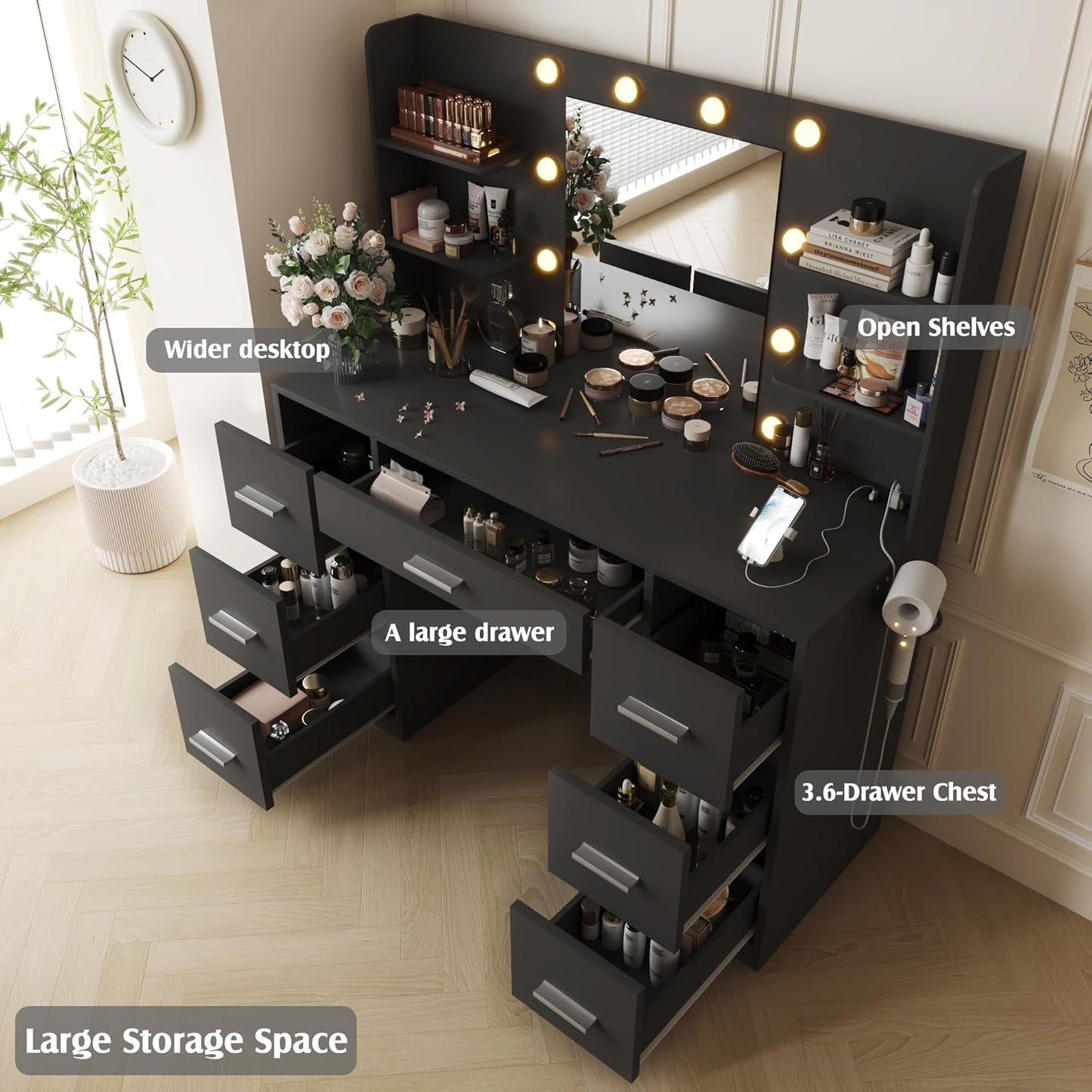 Vanity Desk with Mirror, Power Outlet and 10 Lights, Pure Black