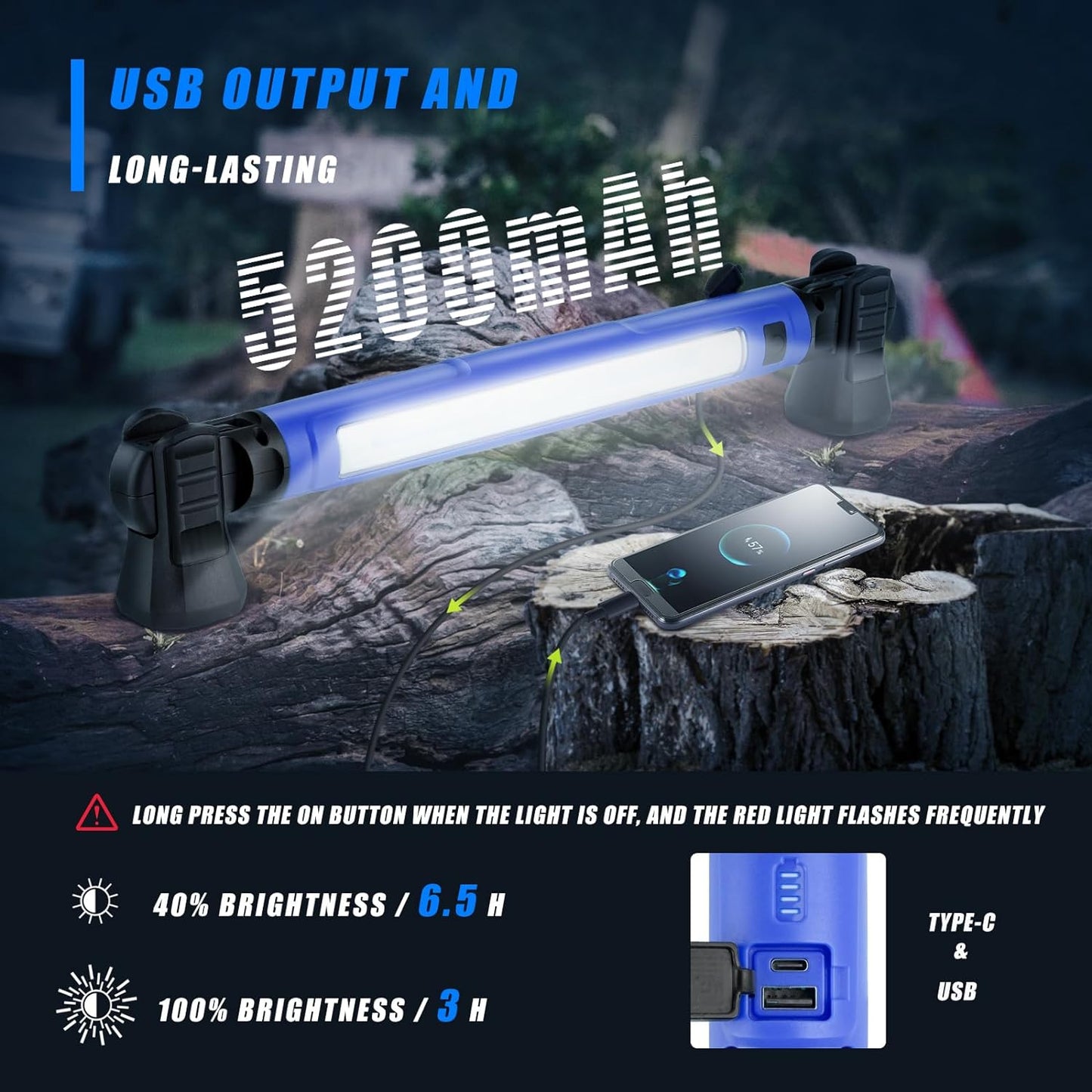 3000LM 5200mAh Rechargeable Magnetic Underhood IP54 Waterproof Cordless Work Light Bar