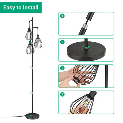 EDISHINE Industrial Floor Lamp with 3 Elegant Teardrop Cage Head (1 Pack)-HLFL03F
