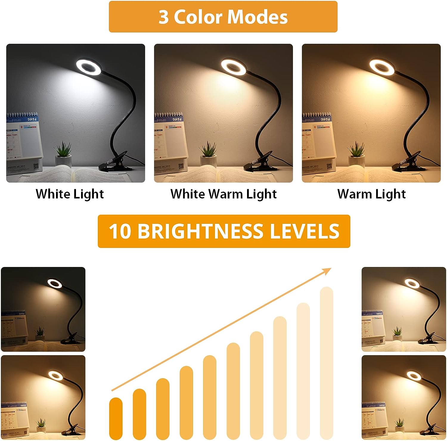 iVict Desk Lamp Clip on Light, 48 LEDs USB Clip Ring Light with 3 Color Modes 10 Dimmable Brightness, Eye Protection Desk Light, 360° Flexible Gooseneck for Desk Headboard Reading theluminousdecor