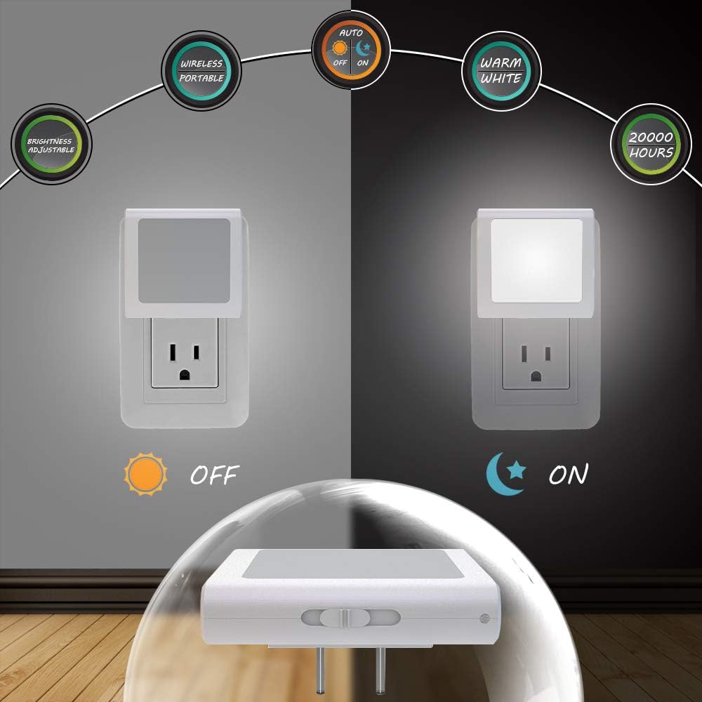 Plug in Led Night Light with Auto Dusk to Dawn Sensor,Adjustable Brightness Cool White Lights for Hallway,Kids Room, Kitchen, 2 Pack