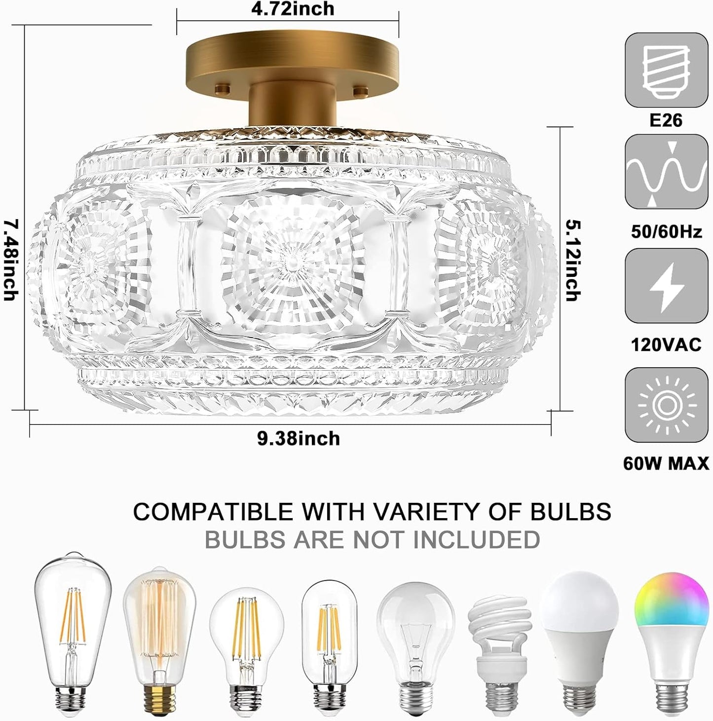 Globe Glass Semi Flush Mount Ceiling Light Fixture, Gold