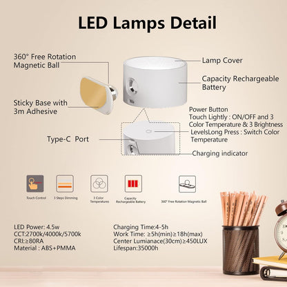 360° Rotatable LED Wall Sconce with Rechargeable Battery