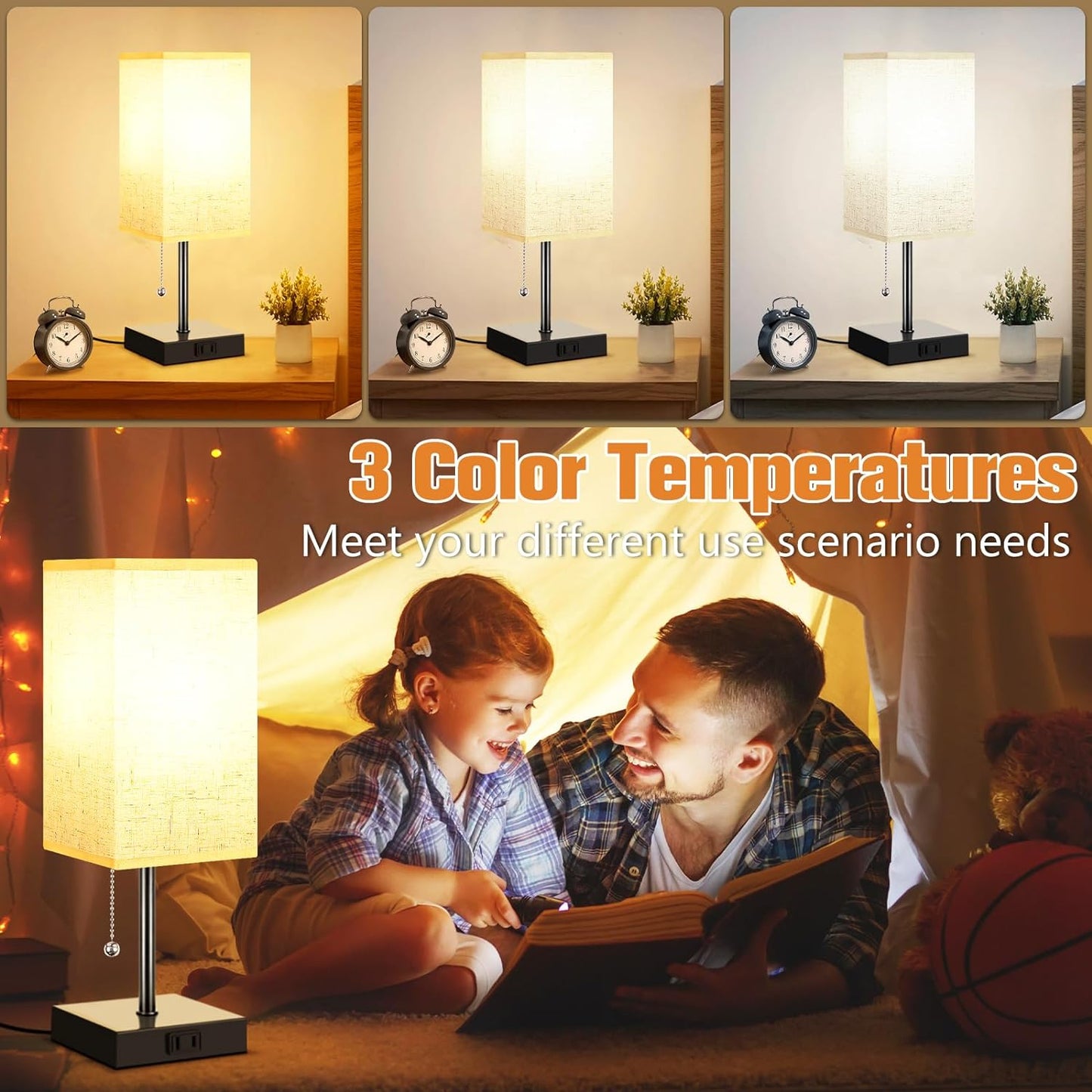 Set of 2 Bedside Lamps with 3 Color Temperatures Night Light