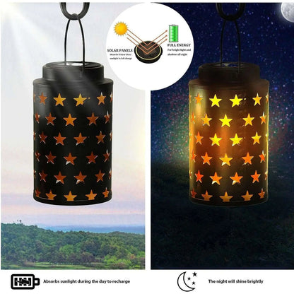 2 Pack Solar Lantern Lights Outdoor Solar Powered Table Lamp Lights Hanging Garden Lamp Metal Lantern with Handle for Patio Garden Outdoor Walkway Yard Landscape Park Lawn(Hollow Stars)