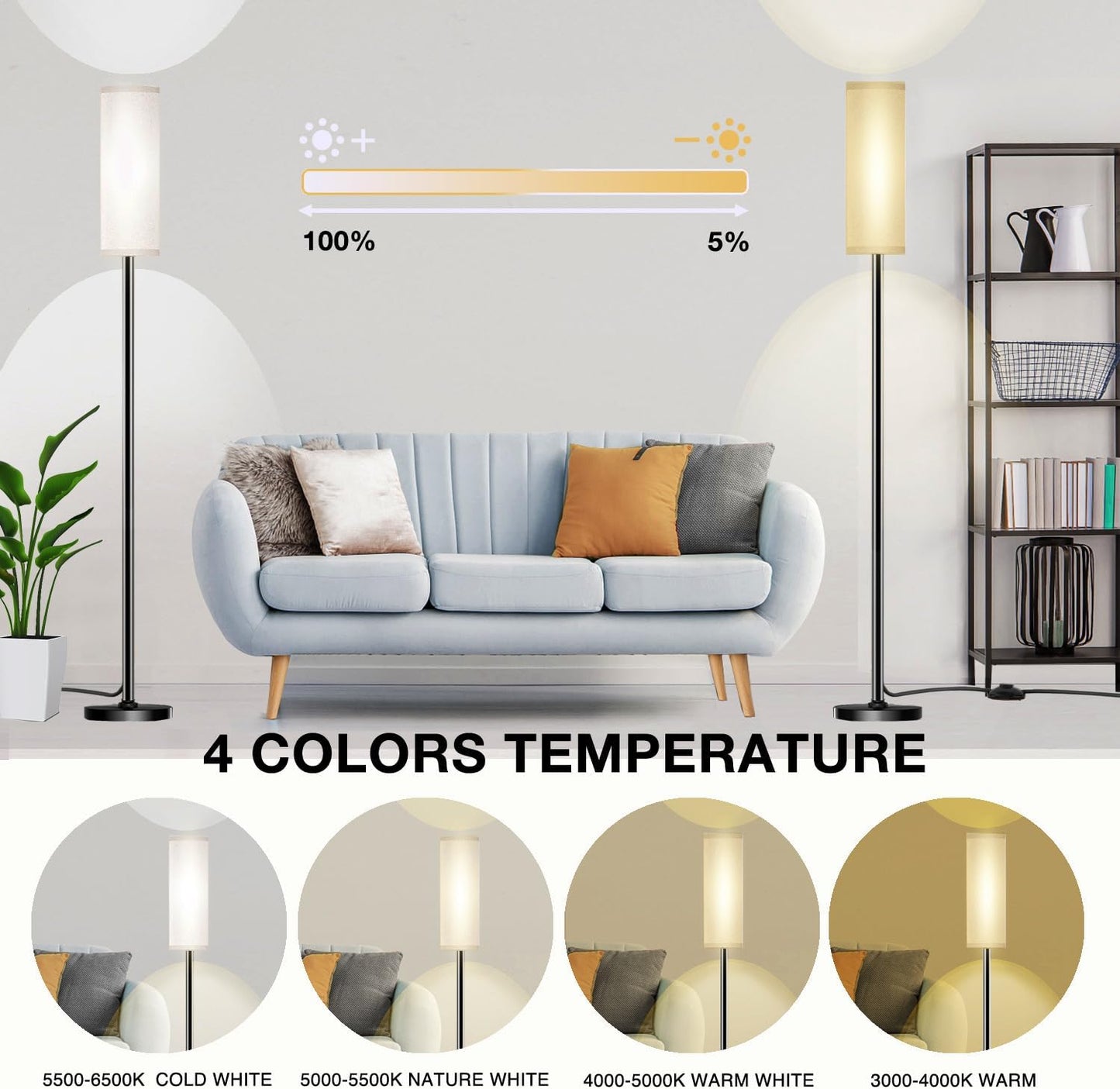 Floor Lamp for Living Room Bedroom,Modern LED Floor Lamp with Remote Control and Stepless Dimmable Colors Temperature & Brightness,Standing Lamps Tall Lamp, 9W Bulb Included(White)