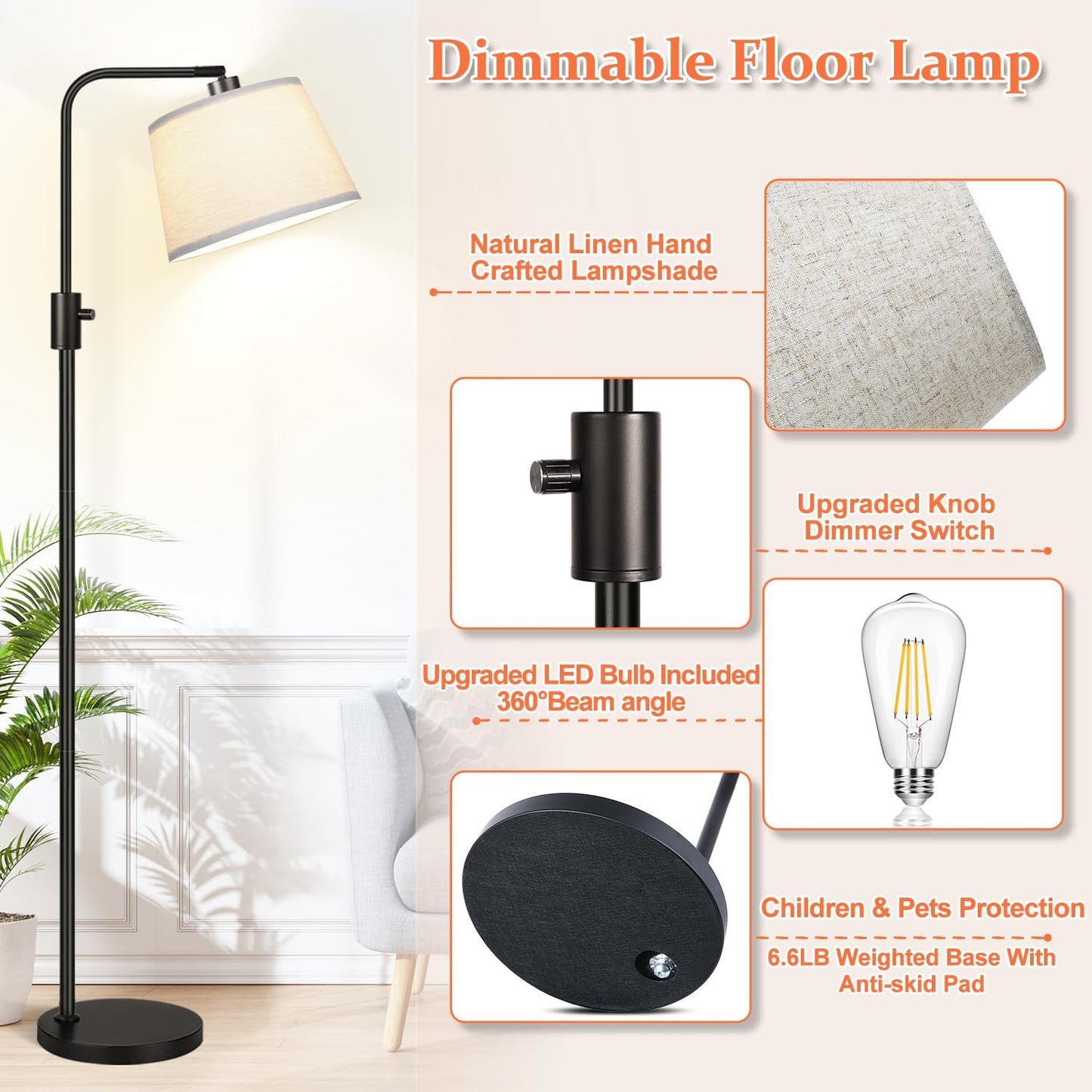 【Upgraded】 Dimmable Floor Lamp, 1000 Lumens LED Edison Bulb Included, Arc Floor Lamps for Living Room Modern Standing Lamp with Linen Shade, Tall Lamp for Bedroom Office Dining Room- Black