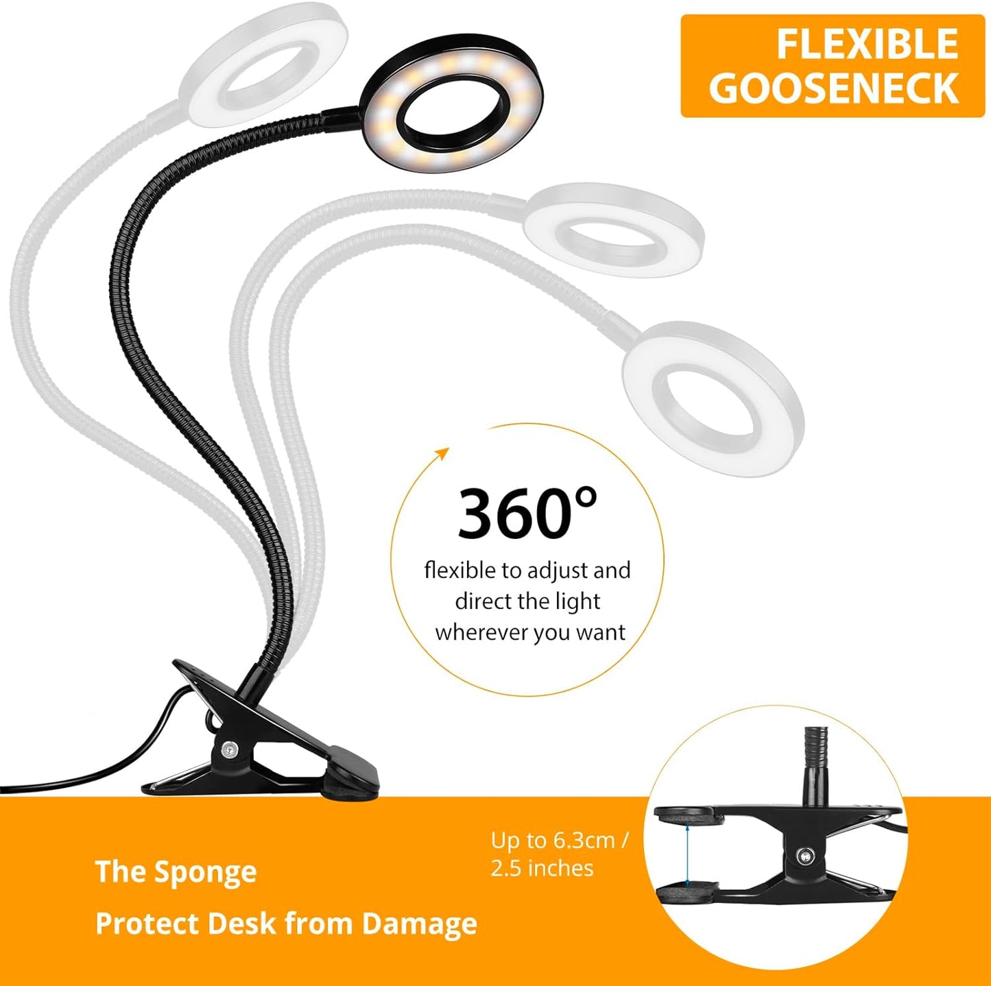 iVict Desk Lamp Clip on Light, 48 LEDs USB Clip Ring Light with 3 Color Modes 10 Dimmable Brightness, Eye Protection Desk Light, 360° Flexible Gooseneck for Desk Headboard Reading theluminousdecor