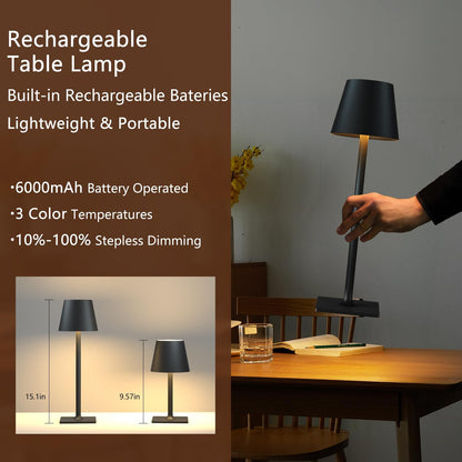 Cordless Table Lamp Rechargeable Lamps: 6000mAh Battery Operated Table Lamp Outdoor Waterproof, Touch Control, Portable Wireless Desk Lamp for Dinner/Bedroom/Restaurant(Black 2 Pack)