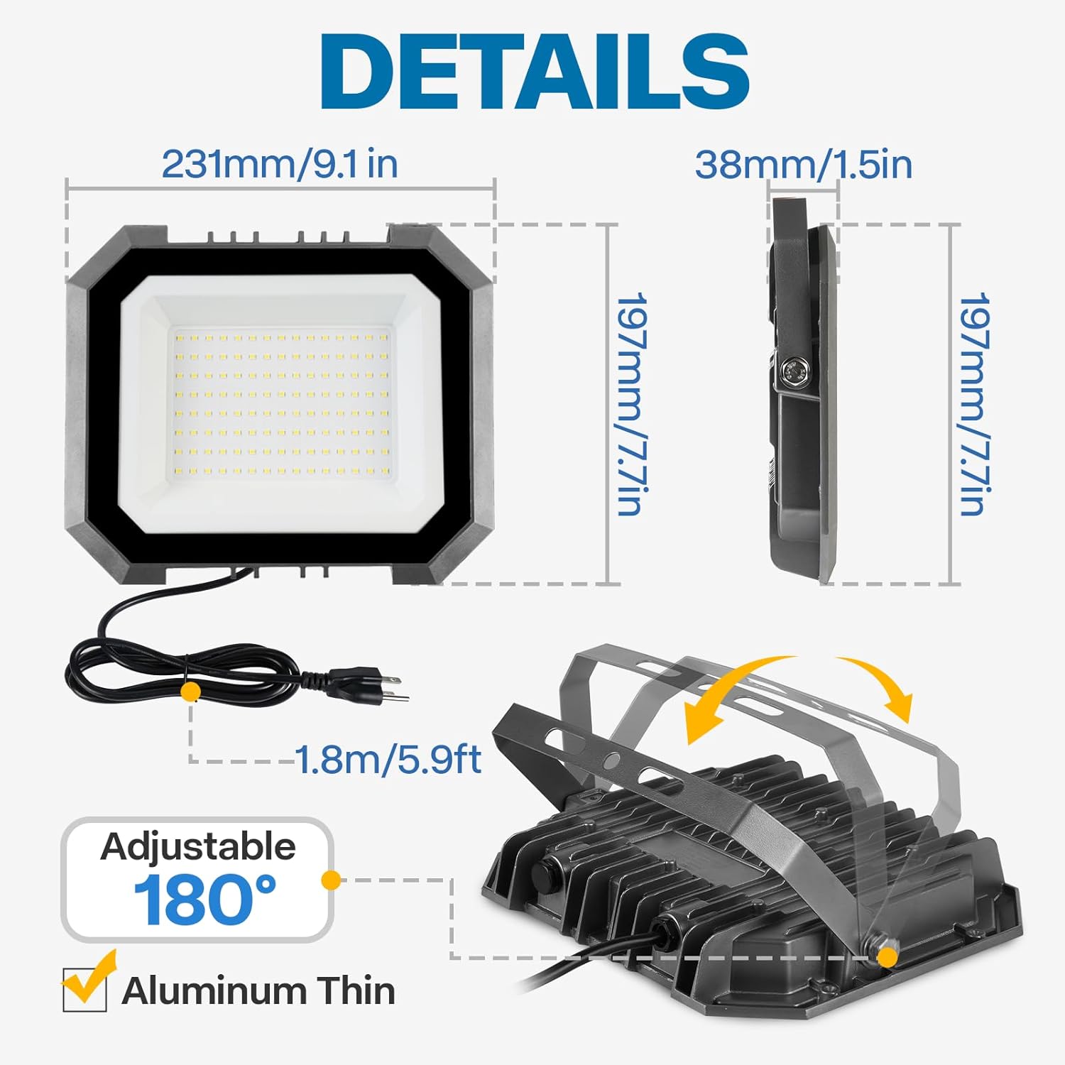 100W 10000LM Super Bright Floodlight Outside Work Light with 5.9FT Plug