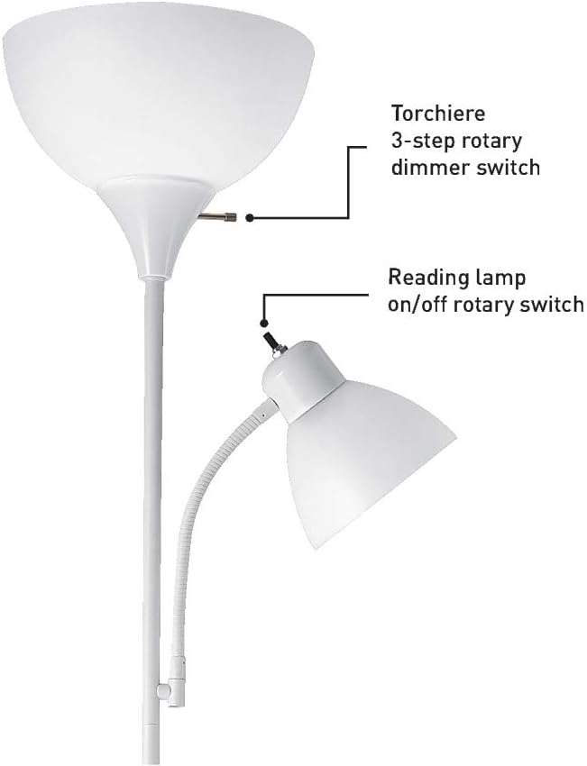 Globe Electric 67136 72" Torchiere Floor Lamp + Adjustable Reading Light, Matte White, Frosted Plastic Shade, 3-Step Rotary Switch on Socket, Living Room Décor, Reading Light, Home Essentials