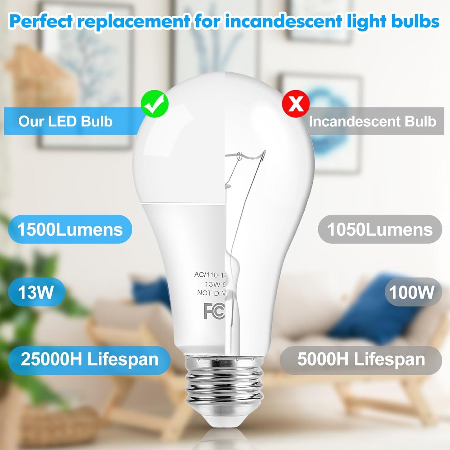 4-Pack, 100 Watt Equivalent A19 Daylight White Bulbs