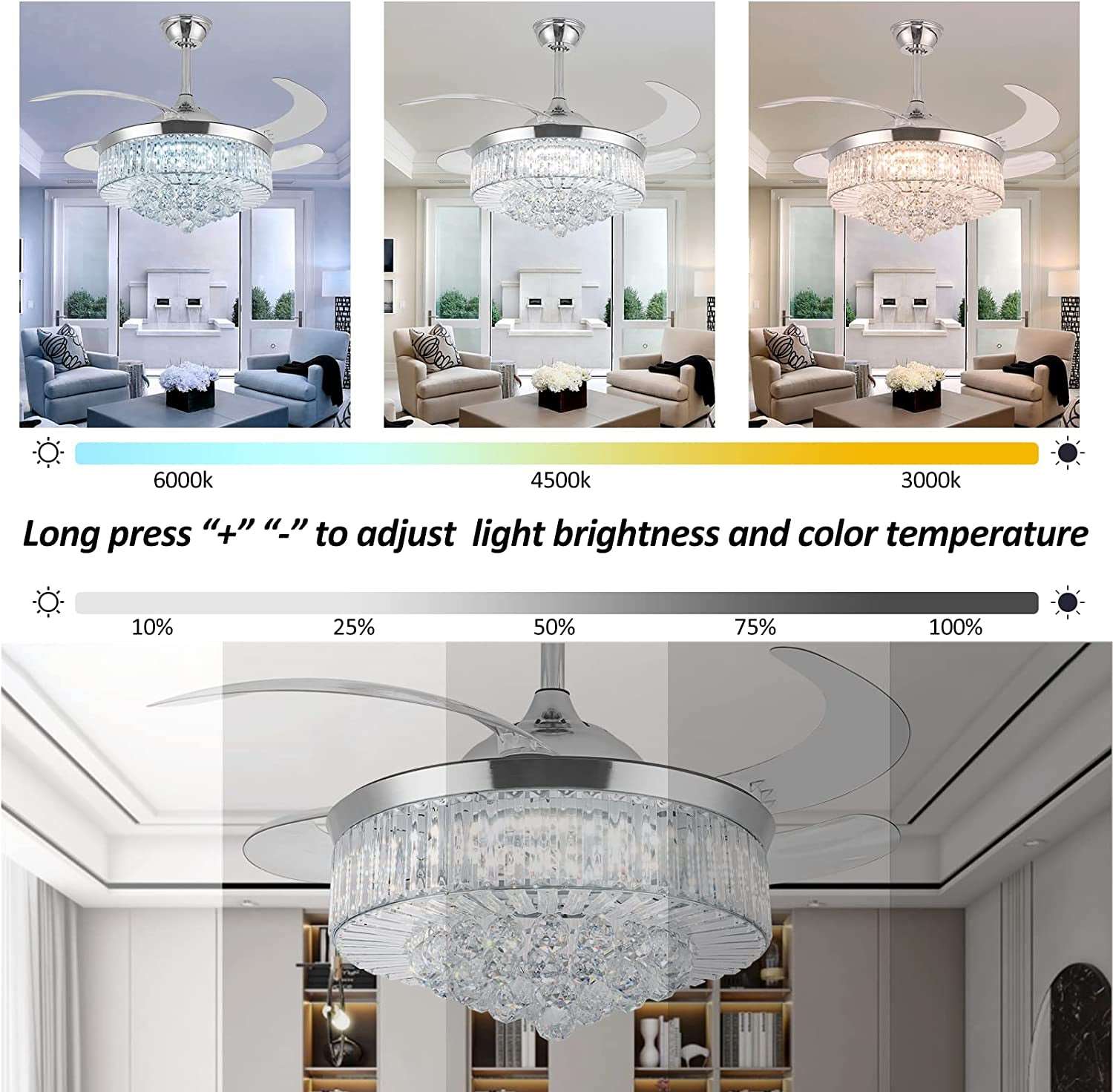 36 Inch Crystal Ceiling Fans with Lights, Modern Dimmable Fandelier LED Remote Control Retractable Invisible Blades Indoor Reversible Ceiling Light Kits with Fans for Decorate Living Room Bedroom