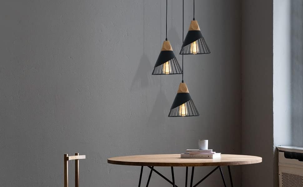 Modern Black Pendant Light | Adjustable Wood Hanging Fixture