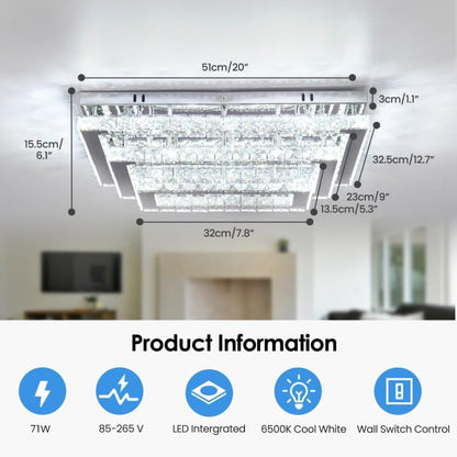 Modern Crystal LED Ceiling Light - 20" Flush Mount Chandelier