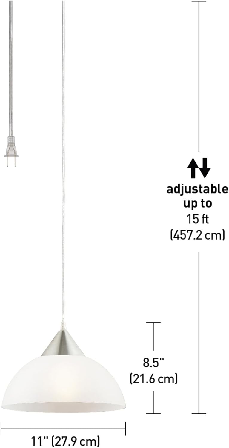 1-Light Plug-in Pendant | Brushed Steel | 15ft Clear Cord