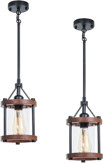 Farmhouse Pendant Light | Rustic Wood Metal Cage | Adjustable Height