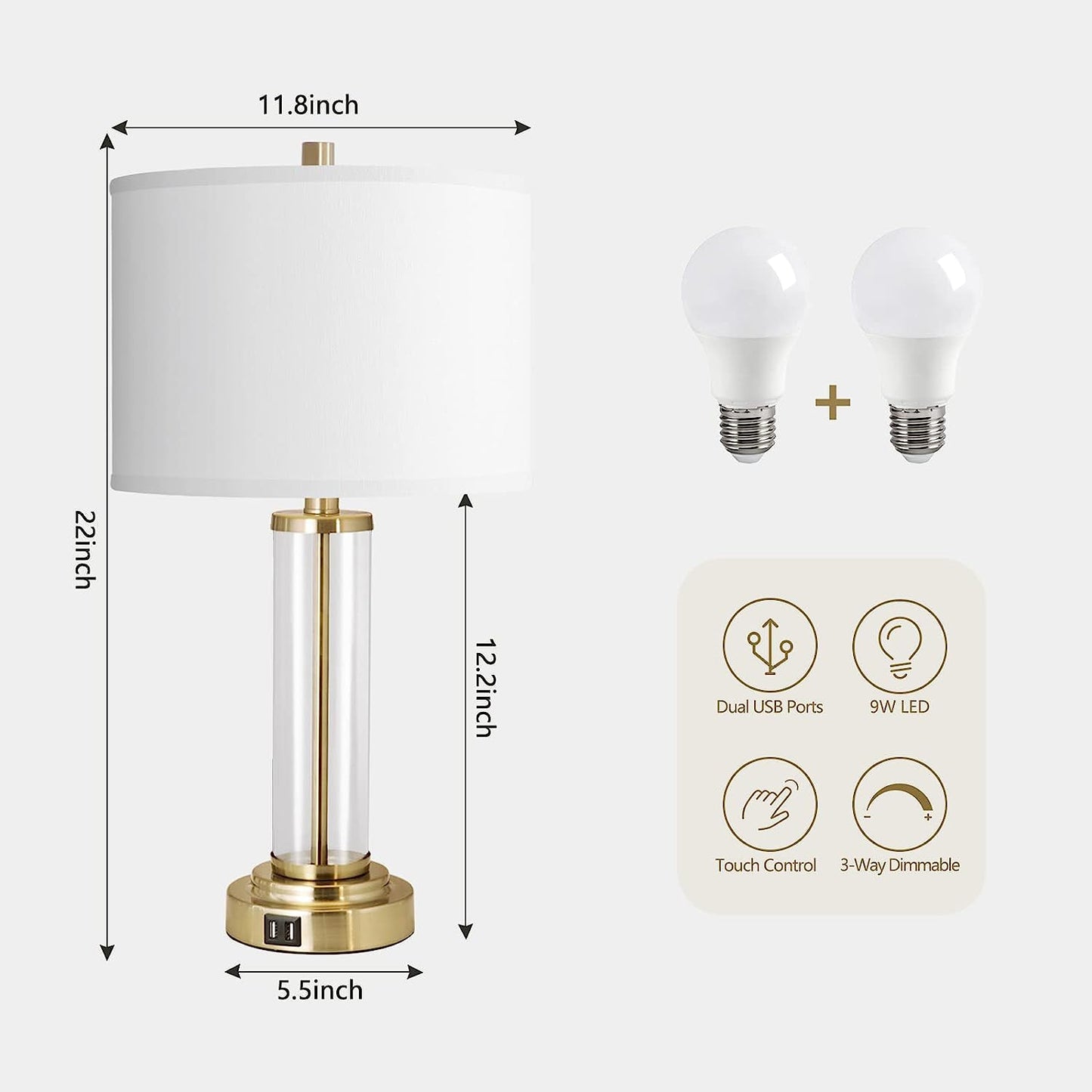 Set of 2 Touch Control Table Lamps with USB Ports theluminousdecor