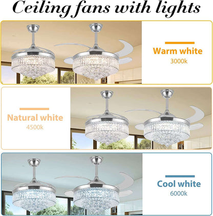 36 Inch Crystal Ceiling Fans with Lights, Modern Dimmable Fandelier LED Remote Control Retractable Invisible Blades Indoor Reversible Ceiling Light Kits with Fans for Decorate Living Room Bedroom