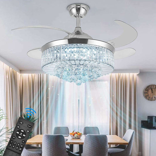 36 Inch Crystal Ceiling Fans with Lights, Modern Dimmable Fandelier LED Remote Control Retractable Invisible Blades Indoor Reversible Ceiling Light Kits with Fans for Decorate Living Room Bedroom