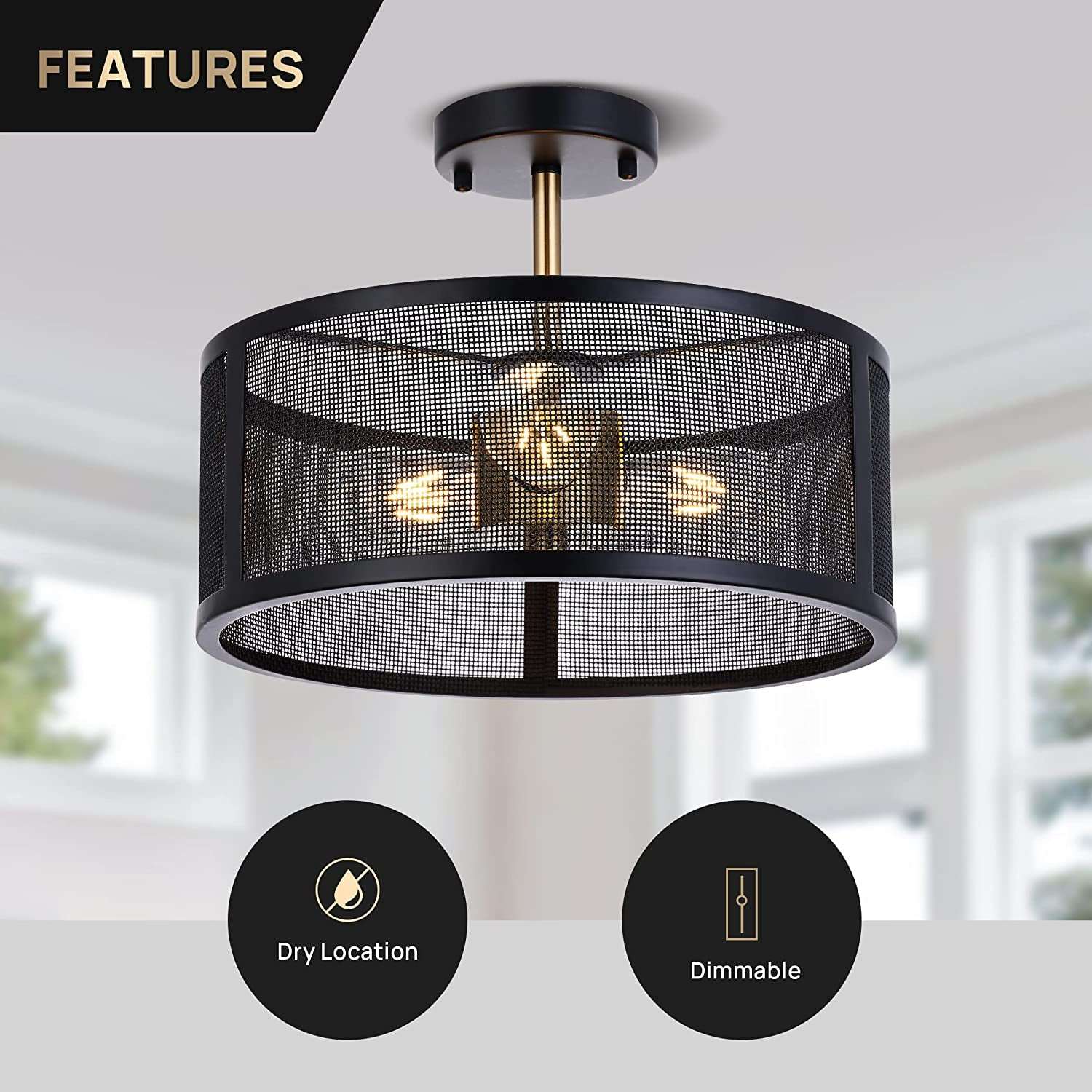 14.2'' Farmhouse Semi Flush Mount Ceiling Light Fixture, 3-Light Industrial Black and Gold Drum Ceiling Light Fixtures Hanging with Metal Cage for Bedroom,Living Room,Foyer,Entryway,Office