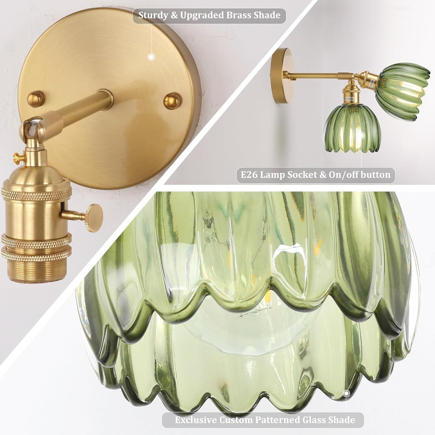 Vintage  Green Tulip Glass Lampshade Wall Sconces, Brass