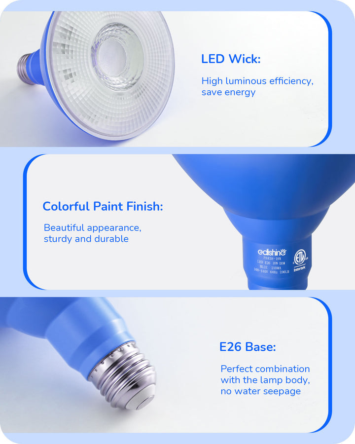 EDISHINE PAR38 Dimmable 18W(120W Equivalent) E26 Base Blue Flood Light Bulb, 2 Pack-HDCP38D