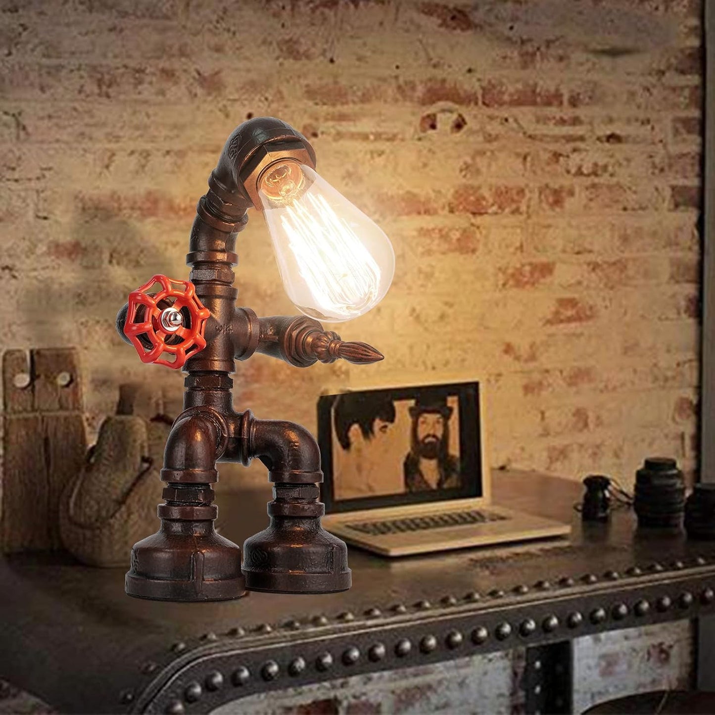 Industrial Antique Iron Metal Robot Pipe Desk Table Lamp