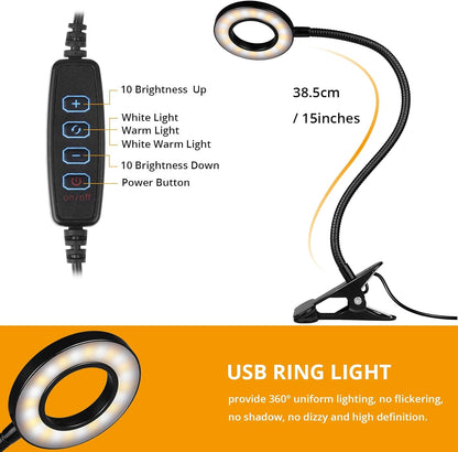 iVict Desk Lamp Clip on Light, 48 LEDs USB Clip Ring Light with 3 Color Modes 10 Dimmable Brightness, Eye Protection Desk Light, 360° Flexible Gooseneck for Desk Headboard Reading theluminousdecor