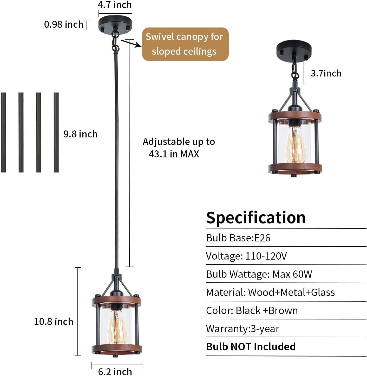 Farmhouse Pendant Light | Rustic Wood Metal Cage | Adjustable Height