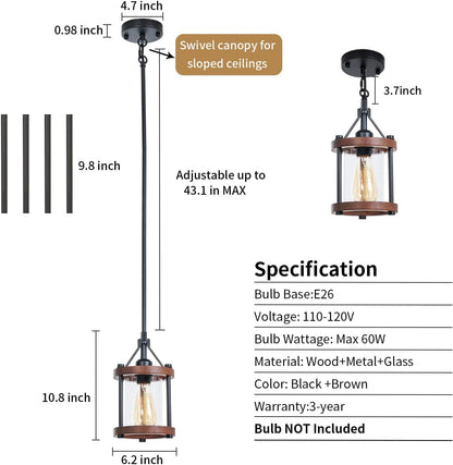 Farmhouse Pendant Light | Rustic Wood Metal Cage | Adjustable Height