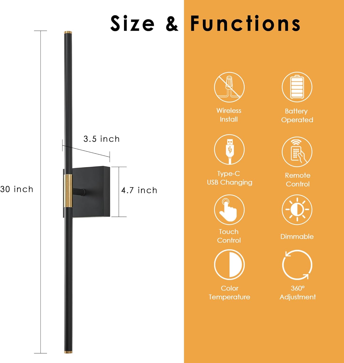 Rechargeable Wall Sconces - 2 Pack, Black & Gold, Remote Control