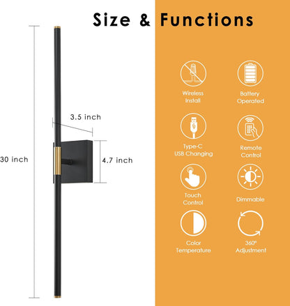 Rechargeable Wall Sconces - 2 Pack, Black & Gold, Remote Control