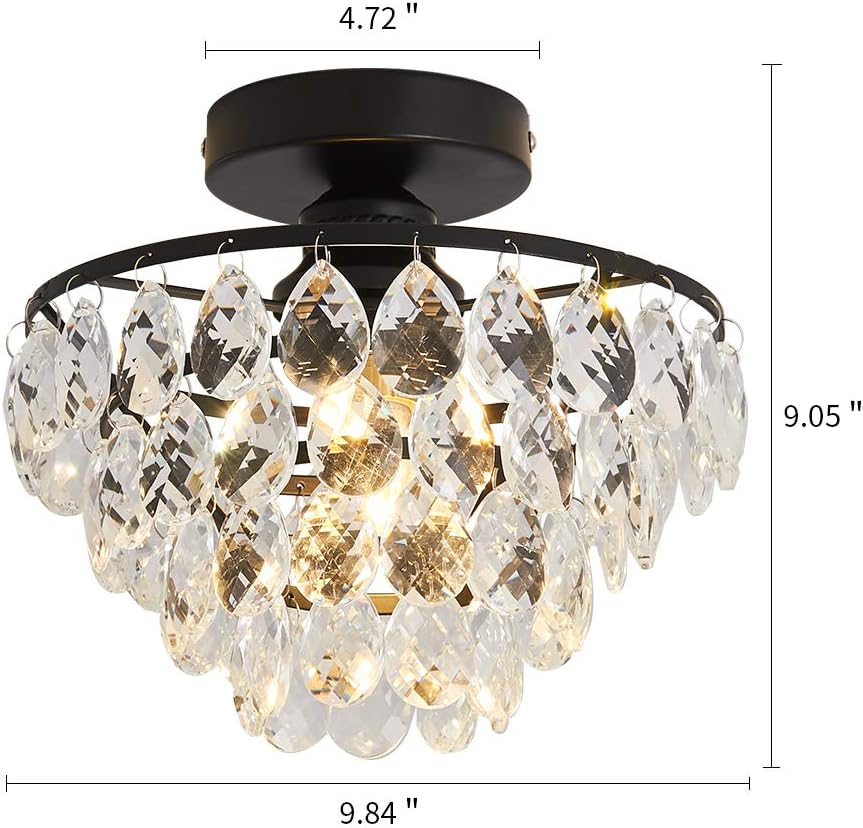 Modern Mini Crystal Ceiling Light | Black Semi Flush Mount | E26