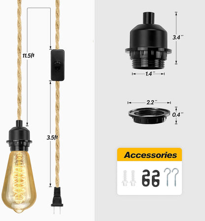 Plug-in Pendant Light Cord | 15FT Hemp Rope | E26/E27 Socket