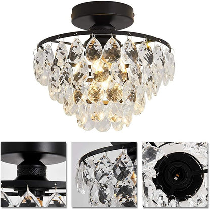 Modern Mini Crystal Ceiling Light | Black Semi Flush Mount | E26