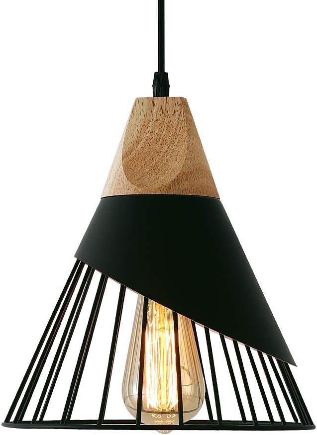 Modern Black Pendant Light | Adjustable Wood Hanging Fixture