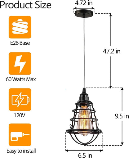 Industrial Pendant Light 2 Pack | Edison Cage Design | Adjustable